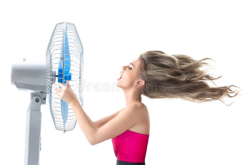 Young woman with cooler fan royalty free stock image Young woman with cooler fan royalty free stock image