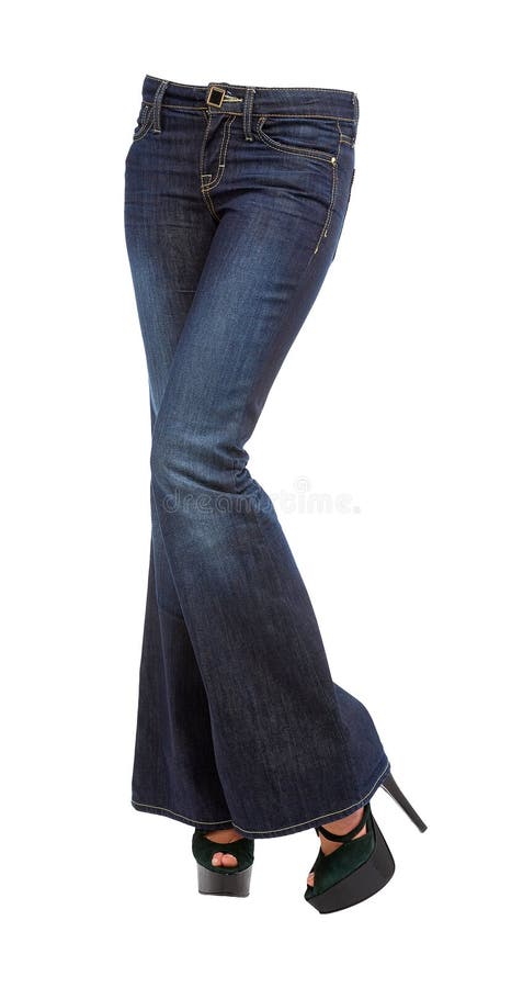 Young woman crossed legs in bell bottom jeans and platform peep stock photos Young woman crossed legs in bell bottom jeans and platform peep stock photos