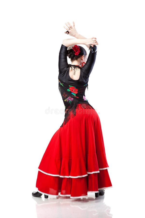 Young woman dancing flamenco from back isolated