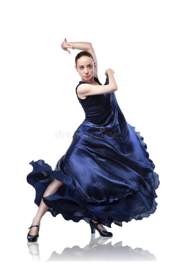 Young woman dancing flamenco on white