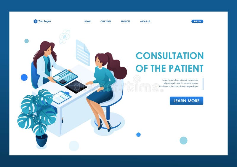 Young woman doctor advises the patient. Health care concept. 3d isometric. Landing page concepts and web design-01 stock illustration Young woman doctor advises the patient. Health care concept. 3d isometric. Landing page concepts and web design-01 stock illustration