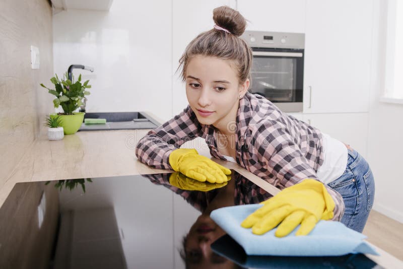 Young Woman Doing Housework, Cleaning the Kitchen Stock Image - Image ...