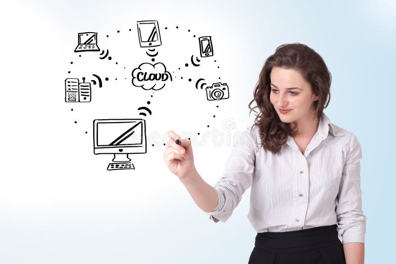 Young woman drawing a cloud computing on whiteboard