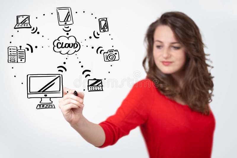 Young woman drawing a cloud computing on whiteboard