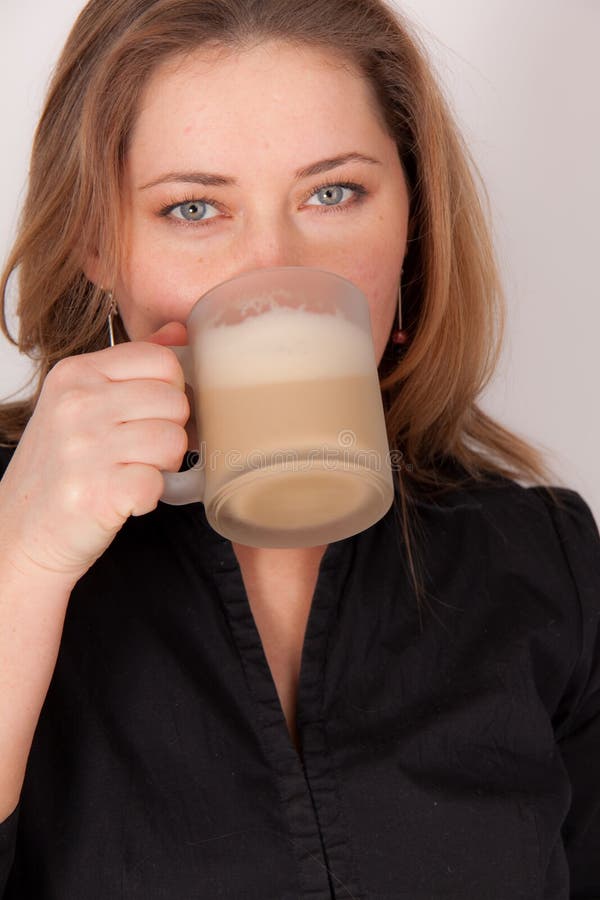 A Young Woman Drinking a Hot Coffee Stock Image Image of break, long