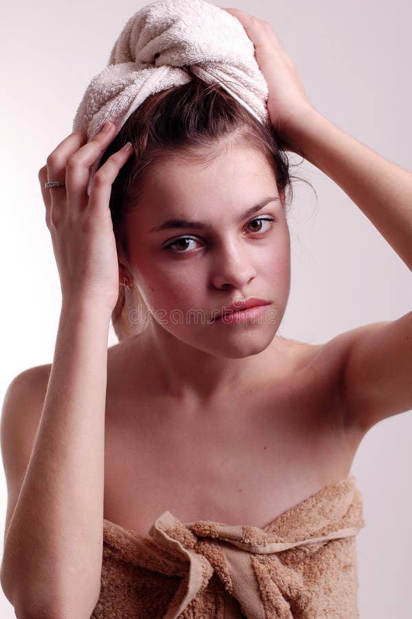 Young Woman Drying Hair with Towel Stock Photo Image of drying, flap