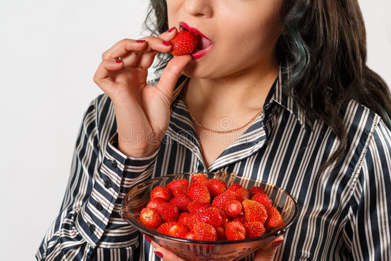 Sexy Woman Eating Strawberry Sensual Lips Stock Image