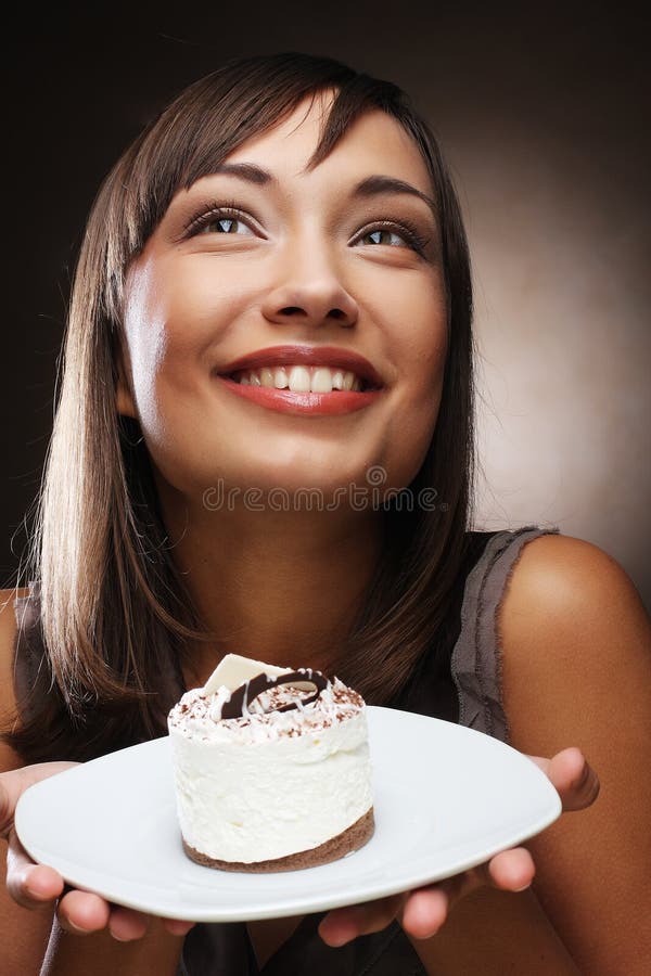 Young Woman Eats a Sweet Cake Stock Image Image of person, coffee