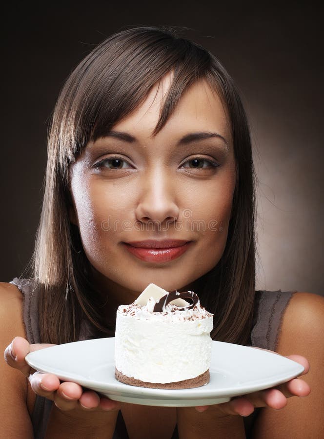 Young Woman Eats a Sweet Cake Stock Image Image of white, beige 49296353