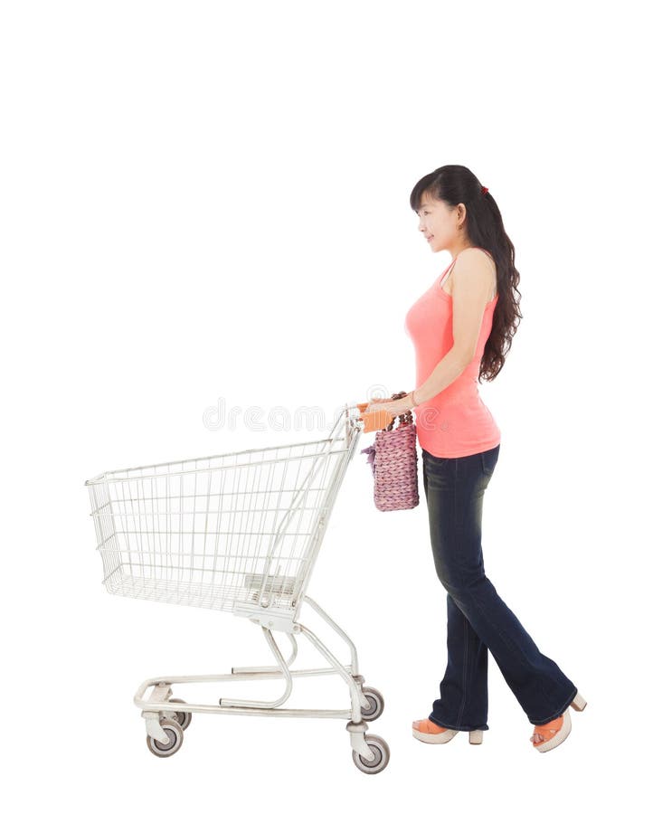 Young woman with empty shopping cart royalty free stock photo Young woman with empty shopping cart royalty free stock photo