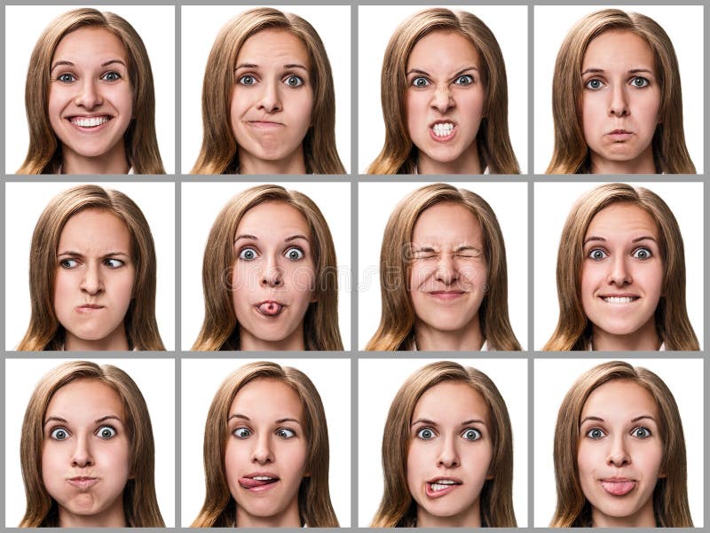 Multiple close-up portraits of the same woman expressing different emotions isolated on white. Multiple close-up portraits of the same woman expressing different emotions isolated on white