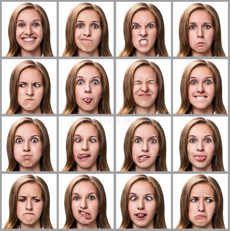 Multiple close-up portraits of the same woman expressing different emotions isolated on white. Multiple close-up portraits of the same woman expressing different emotions isolated on white