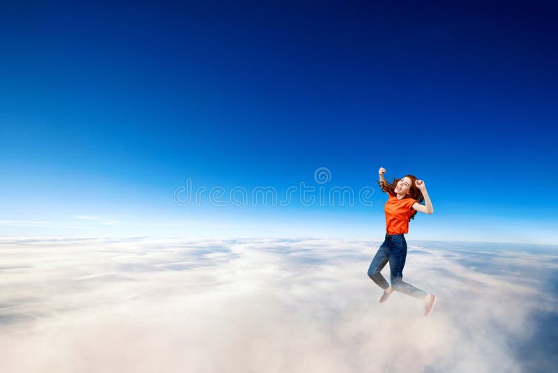 Young woman failed and falling down in clouds sea.