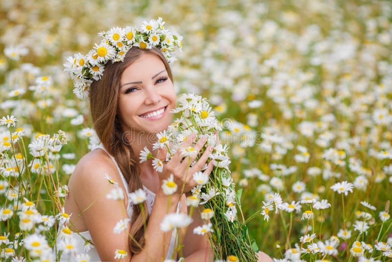 Young Woman in a Field of Blooming Daisies Stock Image - Image of glade ...