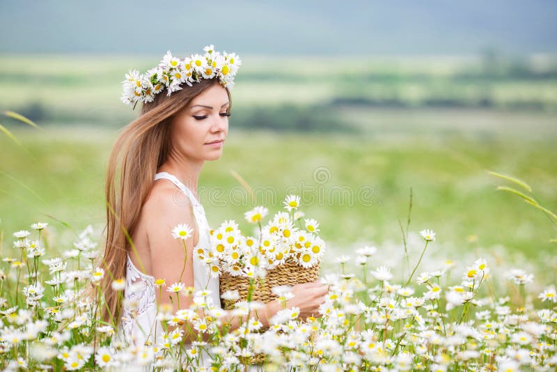 Young Woman in a Field of Blooming Daisies Stock Image - Image of ...