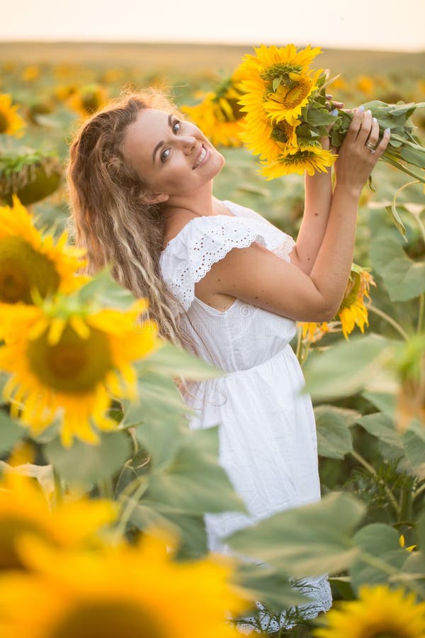 Young Woman in a Field of Sunflowers. Sunset Light in the Field of ...