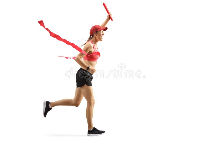 Young woman on the finish line of relay race carrying a baton royalty free stock photos Young woman on the finish line of relay race carrying a baton royalty free stock photos