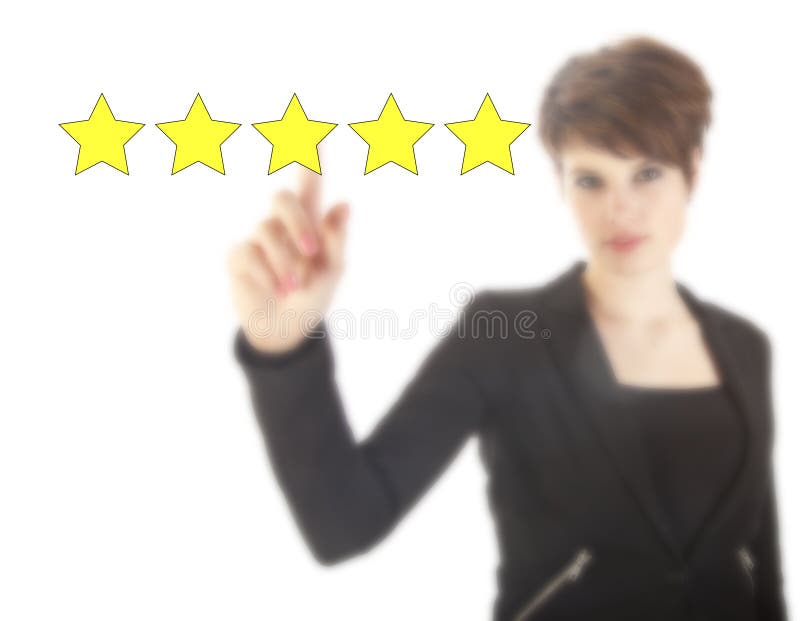 Young woman with five stars isolated on white background