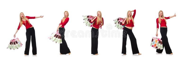 Young woman in flared pants isolated on white stock photo Young woman in flared pants isolated on white stock photo