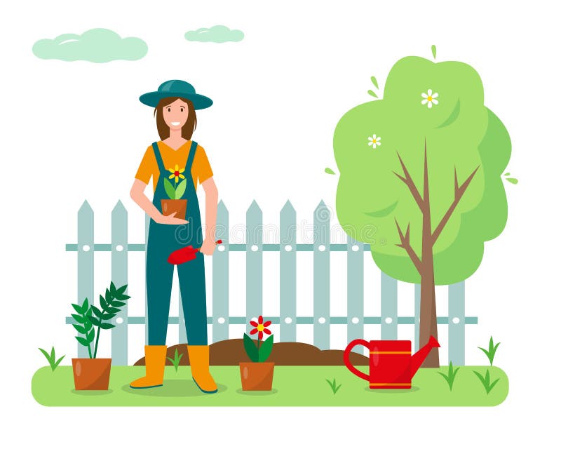 Woman Gardening, Plant Lady Holding A Small Plant In Pot. Cute Female ...