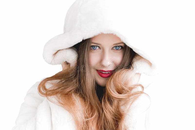 Young Woman in Fluffy Fur Coat with Hood Wrap, Warm Winter Clothing for ...