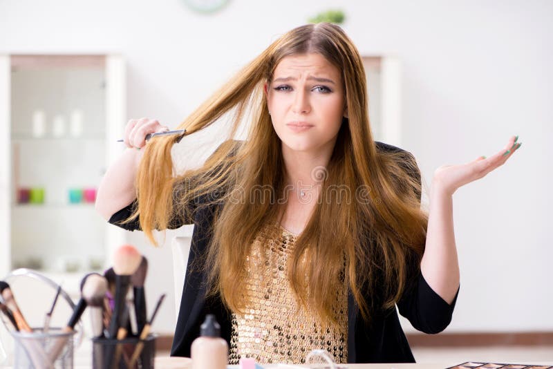 The young woman frustrated at her messy hair