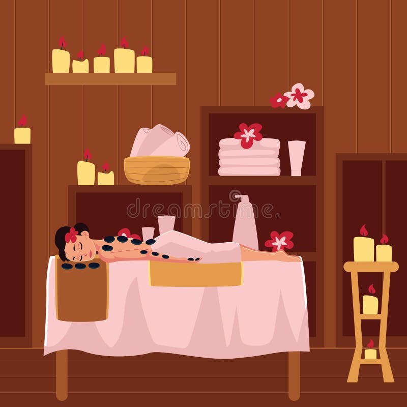 Young Woman Getting Hot Stone Therapy In Spa Salon Stock Vector