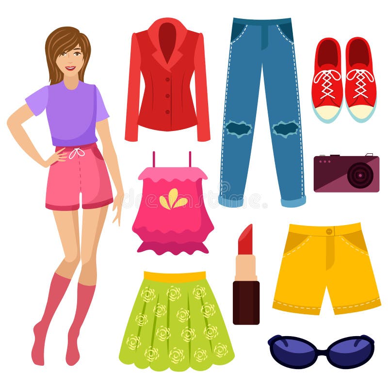 Summer Outfit - Jacket, Skirt, Shorts, Sunglasses Stock Vector ...