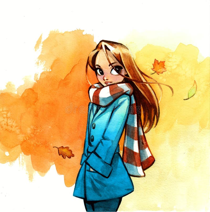 Young Woman or Girl Watercolor Painting in Autumn Season Stock ...