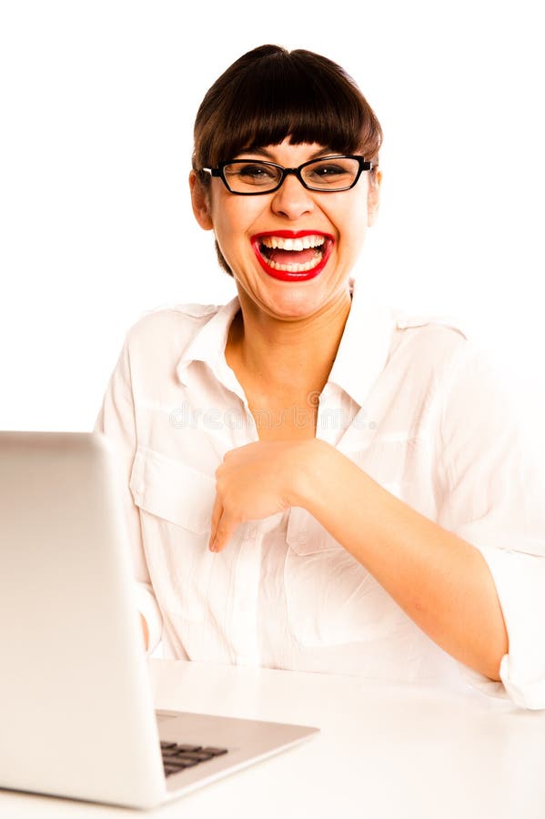 Attractive Woman Lying Happy Browsing in Her Laptop Stock Photo Image