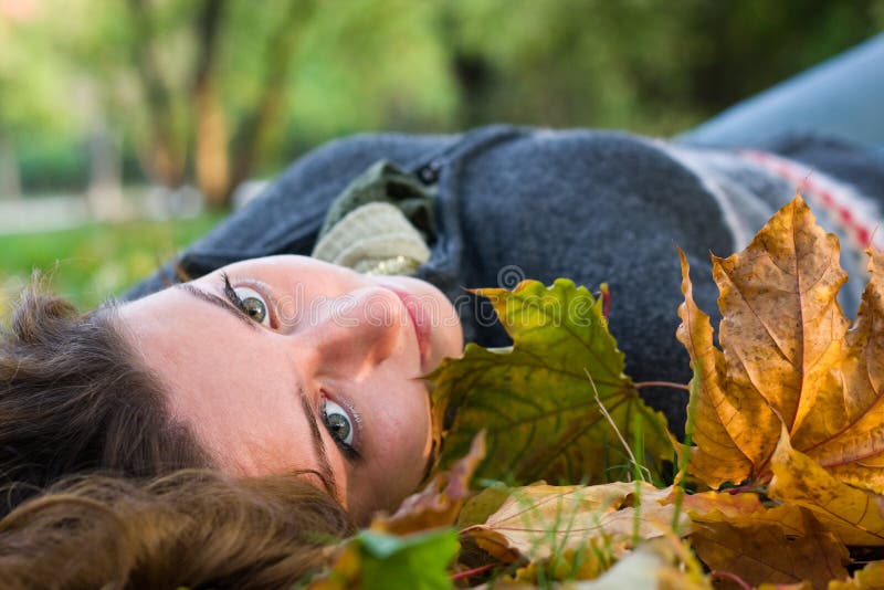 Young Woman with Green Eyes in the Park Stock Image Image of autumn