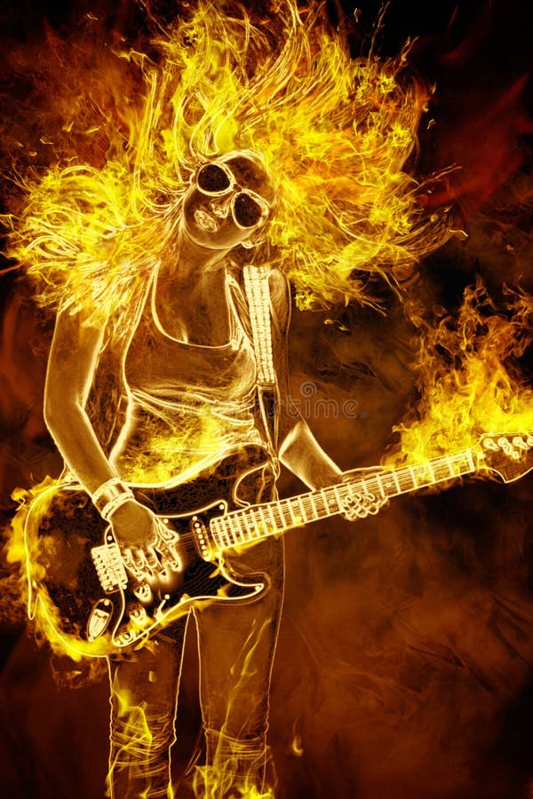 Young woman with guitar in fire flames