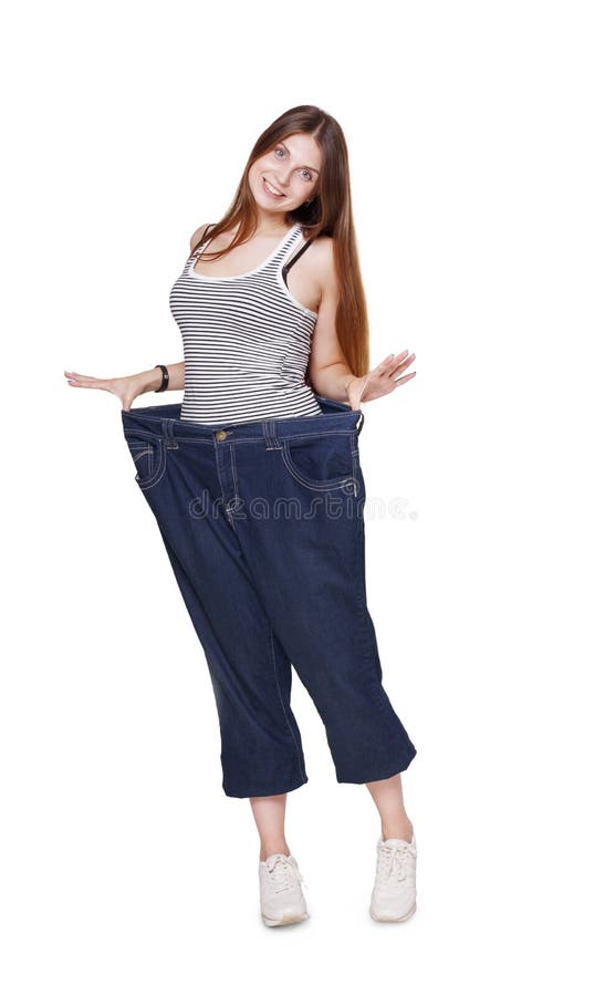 Young Woman Happy of Weight Loss Diet Results, Isolated Stock Photo ...