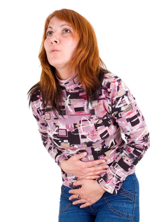 Young woman has abdominal pain stock photos