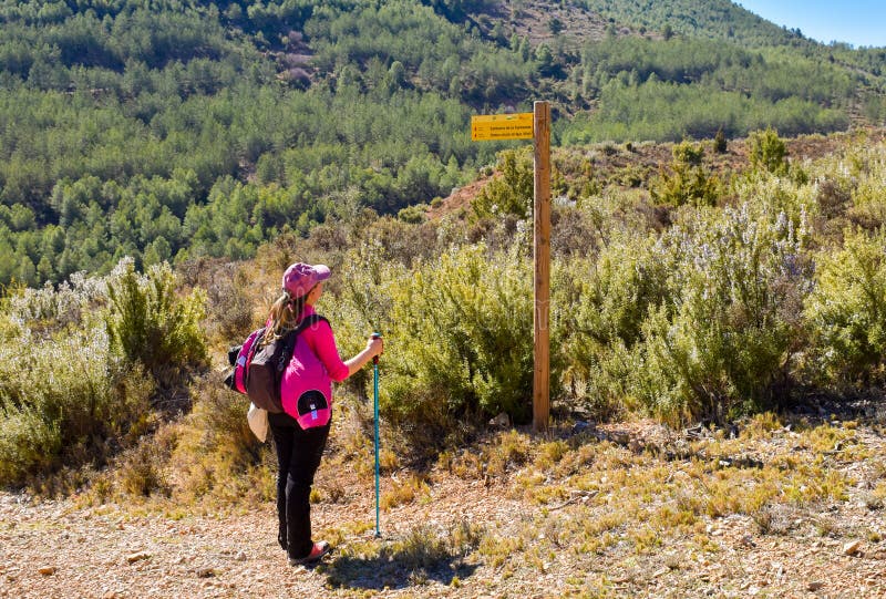 a young woman hiker with her backpack, cap and pole looking a wooden signpost next to a path way in the middle of a walking route stock photo a young woman hiker with her backpack, cap and pole looking a wooden signpost next to a path way in the middle of a walking route stock photo