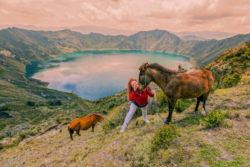 Young Woman Hiking With Two Horses royalty free stock image Young Woman Hiking With Two Horses royalty free stock image