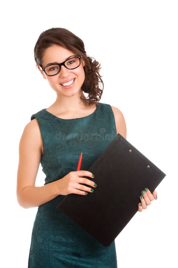 Young woman holding clipboard