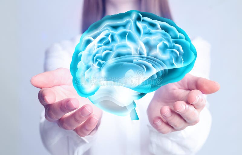 Young woman holding digital image of brain in hands on background, closeup