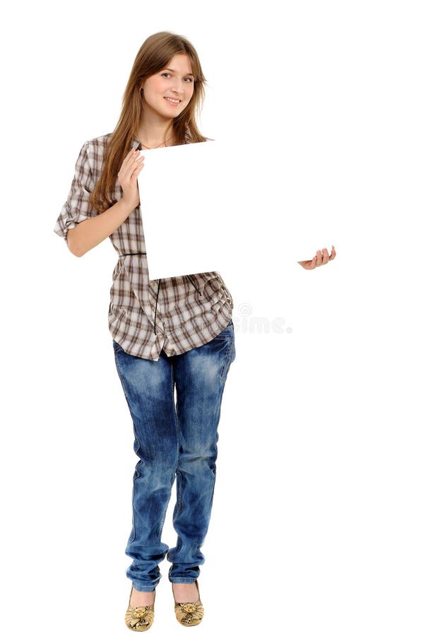 Young woman holding empty white board