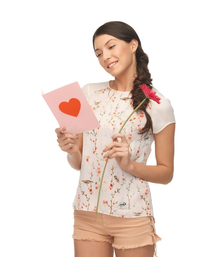 Young Woman Holding Flower and Postcard Stock Image Image of flower