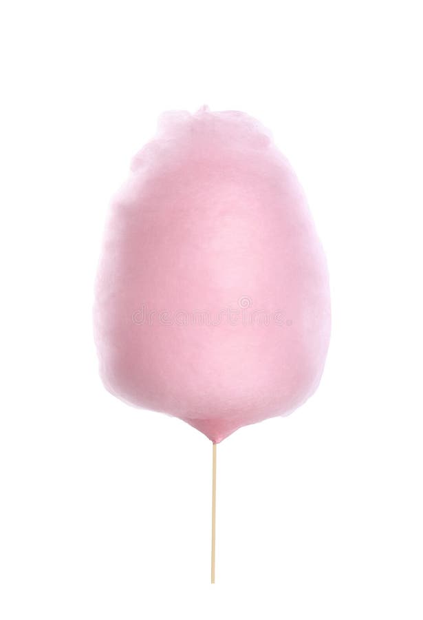 Young woman holding pink cotton candy on white background stock photo