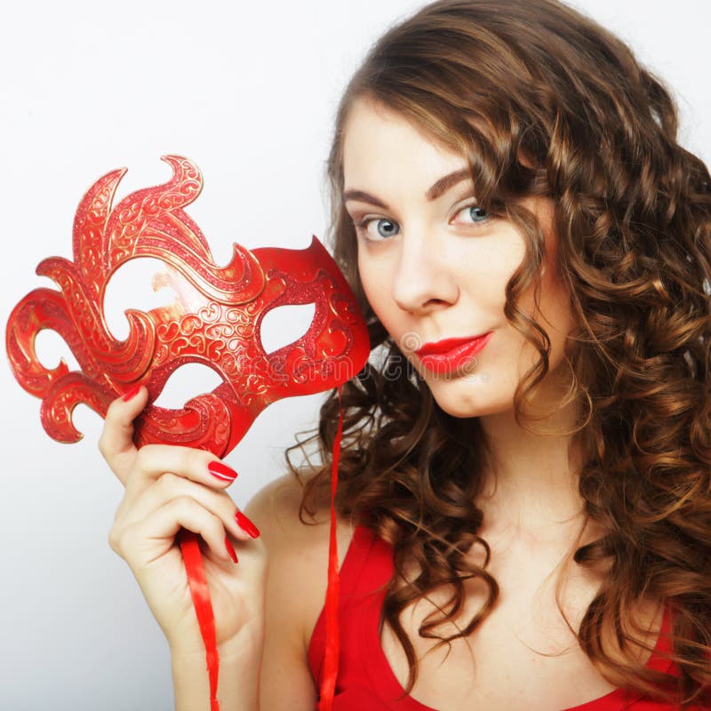 Young Woman Holding Red Mask Stock Photo Image of attractive, female