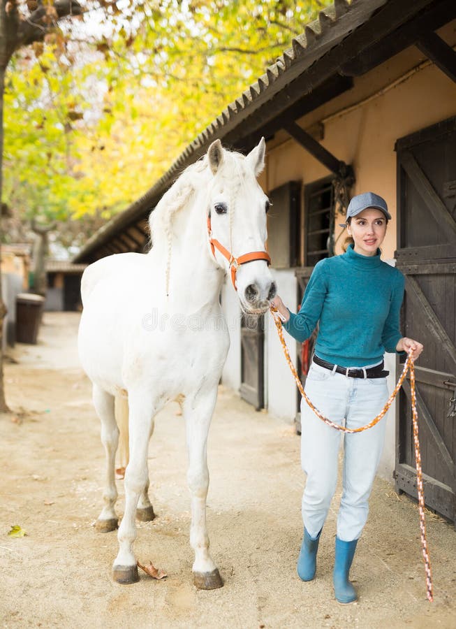 Young Woman Holding Reins Leading White Horse Outdoors Along Stables ...