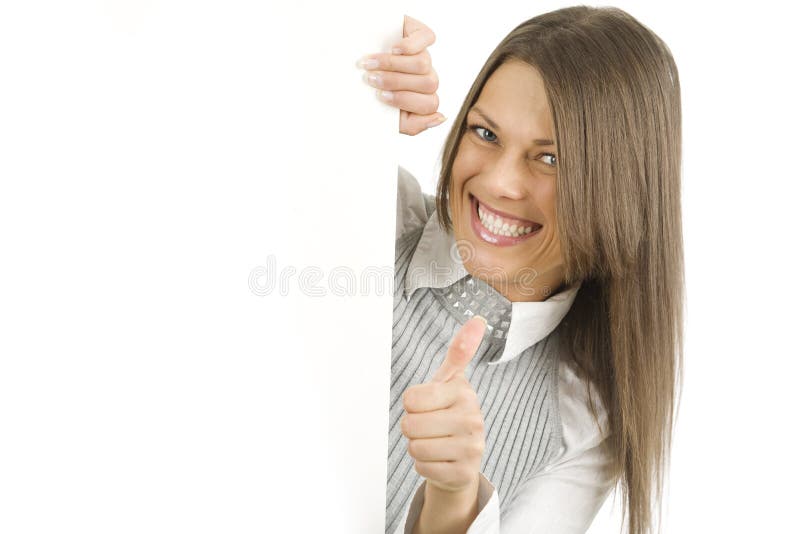 Young woman holding white banner