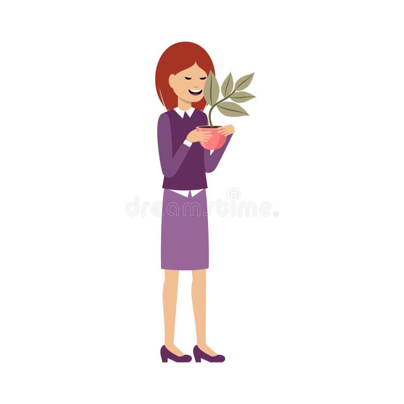 Young woman holds a domestic plant. vector illustration Young woman holds a domestic plant. vector illustration
