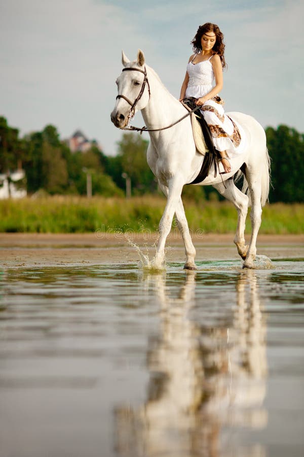 Young woman on a horse. Horseback rider, woman riding horse on b