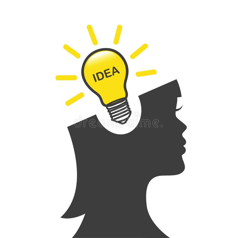 Young woman with idea bubble glowing a light bulb stock illustration