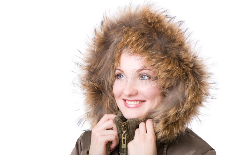 Young woman in a jacket with fur