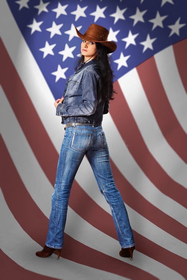 Young Woman in Jeans with American Flag Stock Image Image of beauty