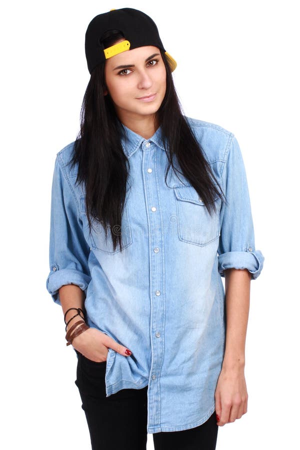 Young Woman in Jeans Shirt and Cap Posing Stock Photo Image of grin, jeans 27343762